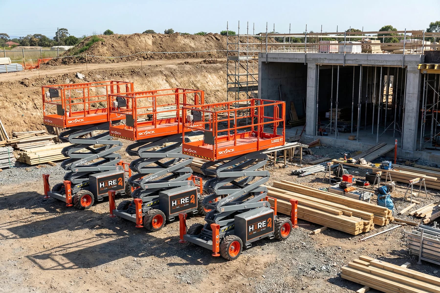 Three rough-terrain scissor lifts staged beside stacked materials at a commercial jobsite