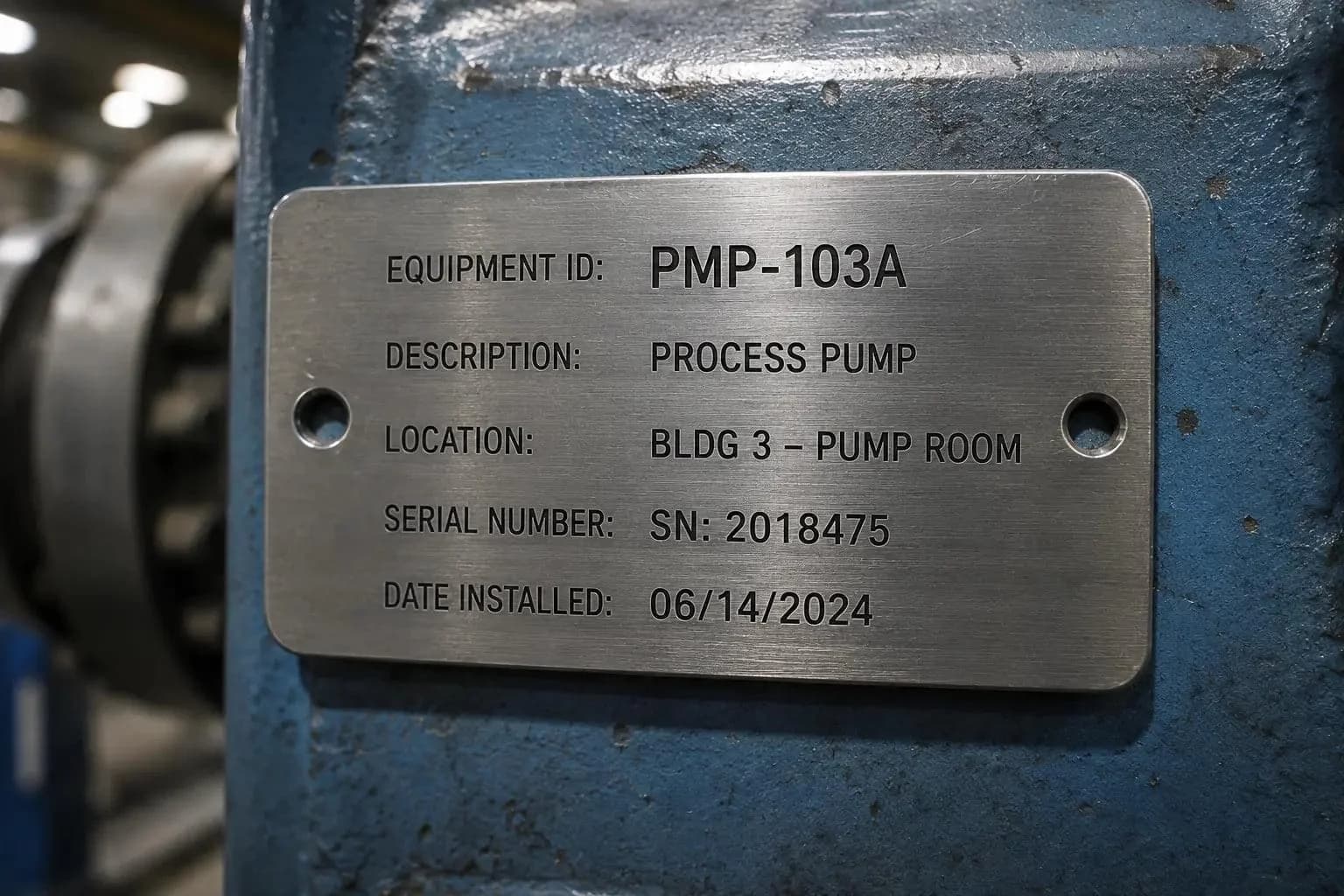 Metal asset identification tag on industrial equipment