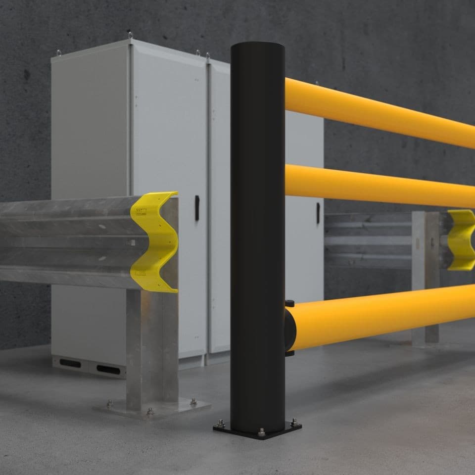Warehouse facility protection with guardrail, bollards, and a pedestrian walkway
