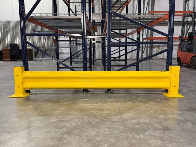 Steel warehouse guardrail installed for rack-end protection