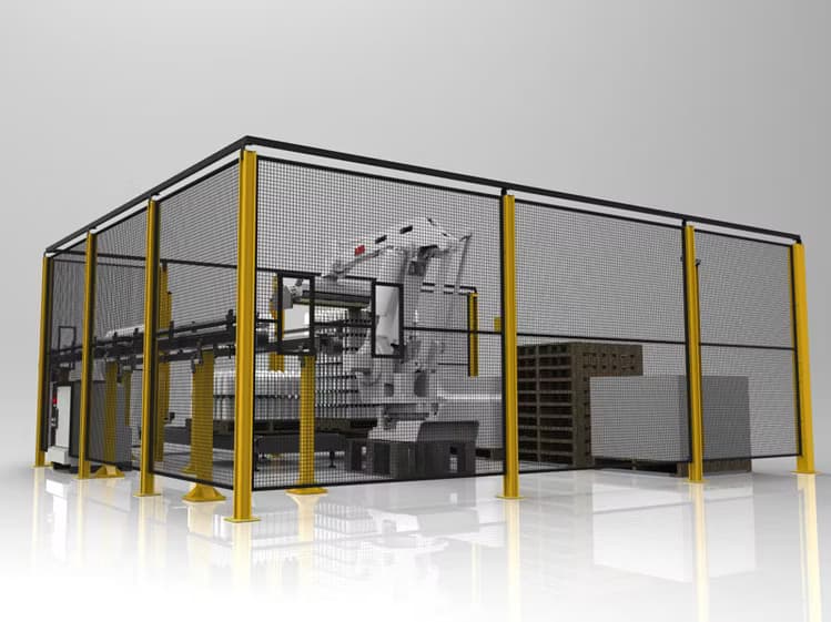 Wire mesh machine guarding equipment enclosure in a warehouse