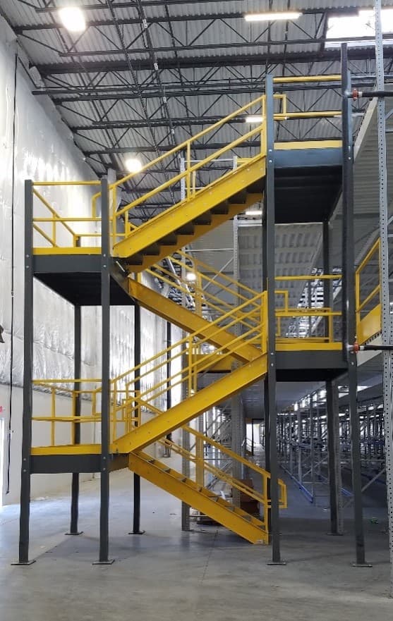 Industrial warehouse mezzanine and stairs installation