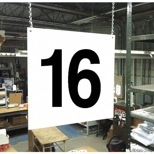 Overhead hanging aisle identification sign inside a warehouse