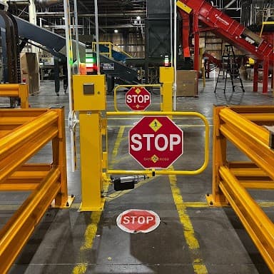 Warehouse pedestrian safety guardrail and gate installed