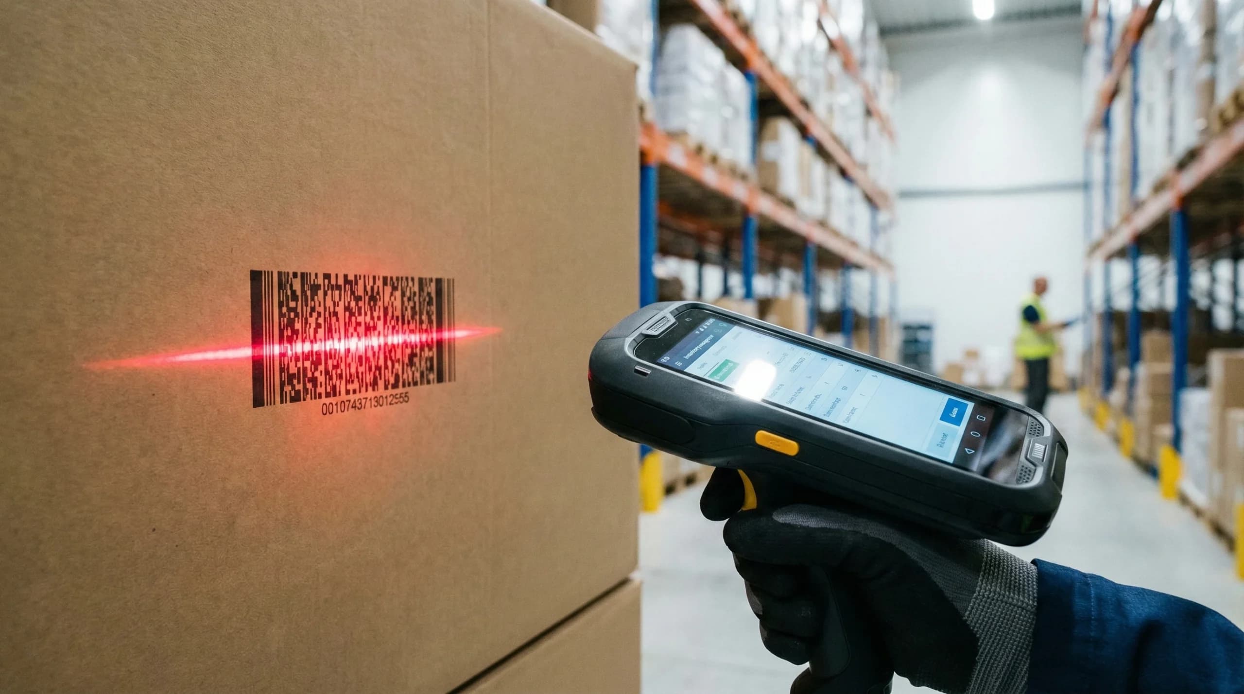 Worker scanning a warehouse rack barcode label for verification