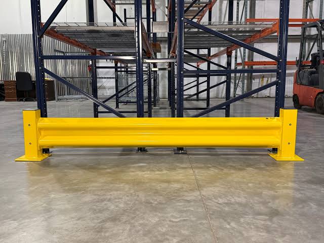 Steel warehouse guardrail installed for rack-end protection