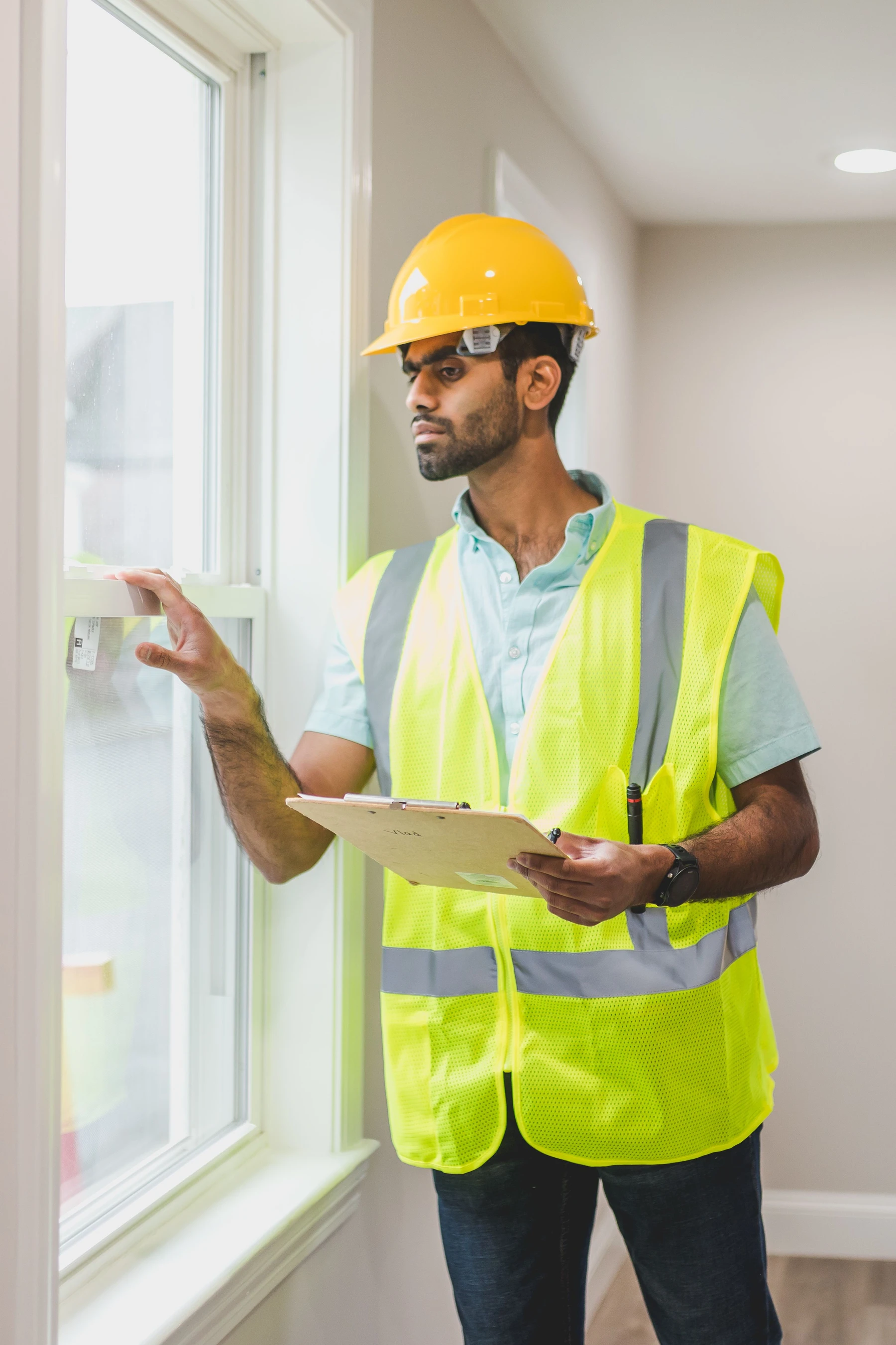 A building inspector checking an interior window finish