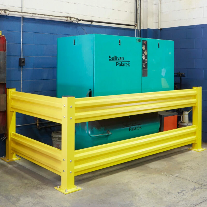 Steel guardrails around industrial equipment