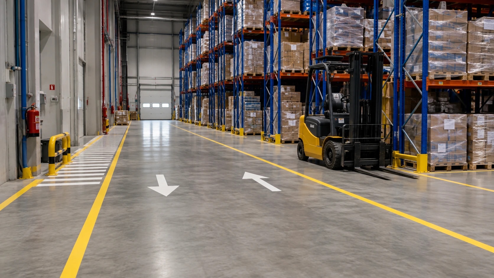 High-visibility boundary marking beside a forklift wheel