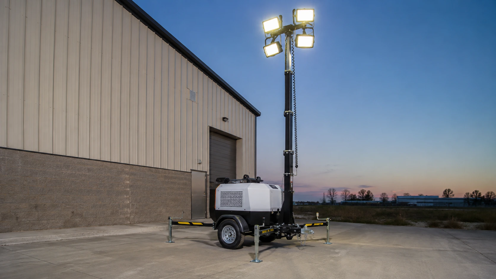 Towable portable light tower at a commercial construction site