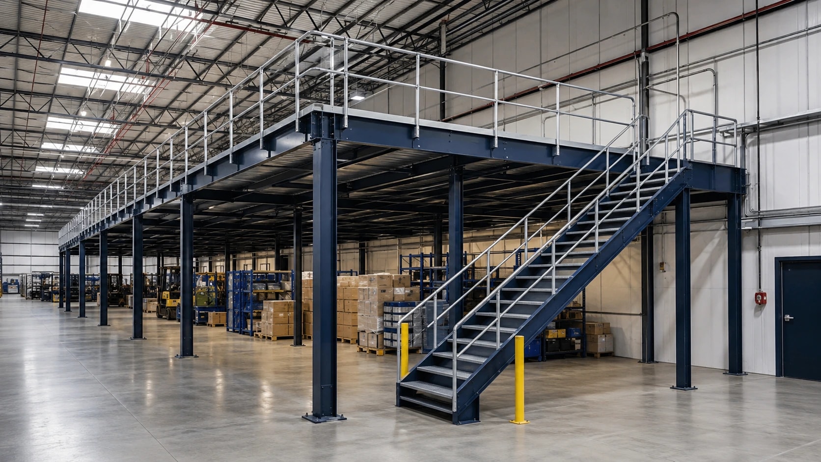 Industrial mezzanine with stairs and guardrails