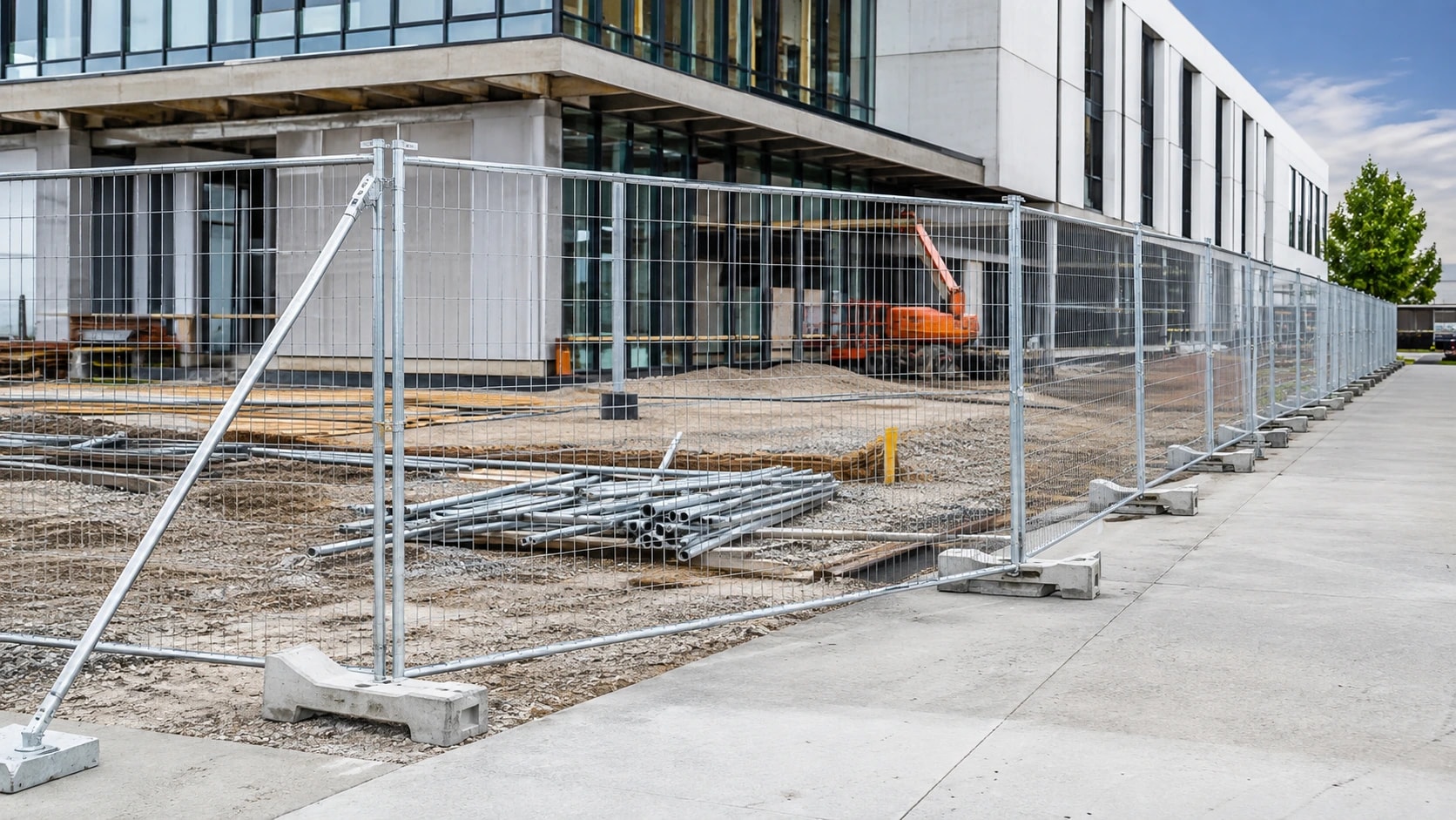 Freestanding temporary chain-link fence panels at a commercial construction site