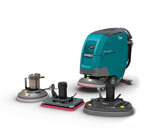 Walk-behind scrubber shown with alternative cleaning heads