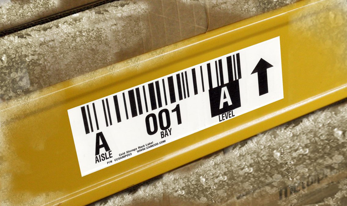 Aisle, bay, and level barcode label on a rack beam in cold storage