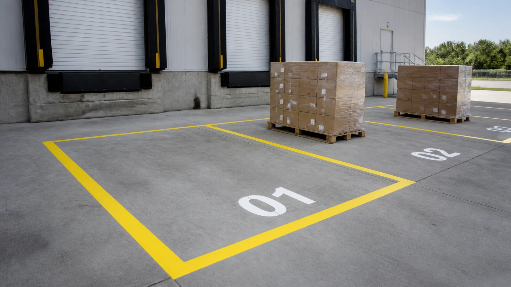 Numbered floor location with yellow corner markers around staged material