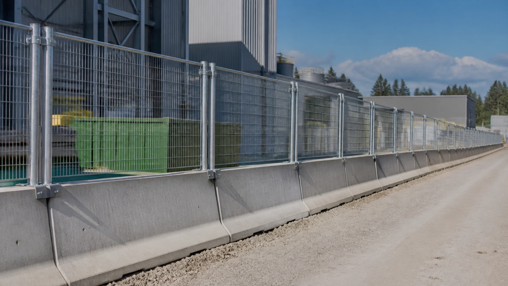 Concrete Jersey barriers with temporary fence panels installed