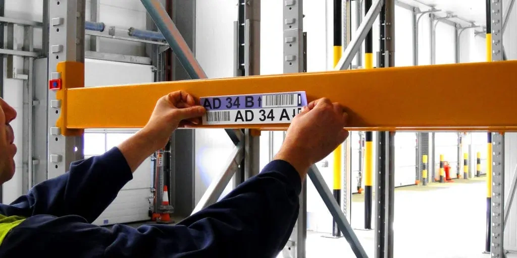 Installer applying a barcode location label to a warehouse rack beam
