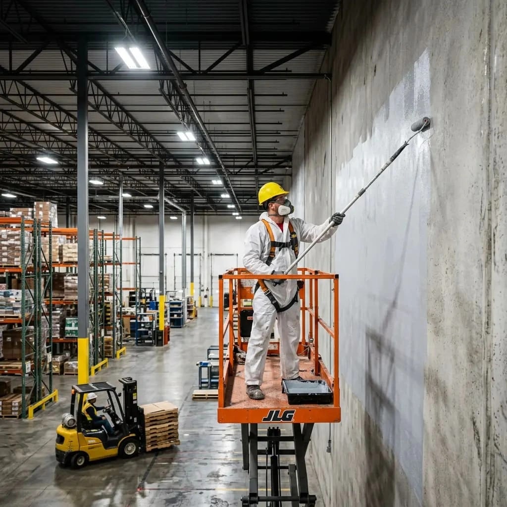 Painter on an elevated platform coating a warehouse wall with a roller